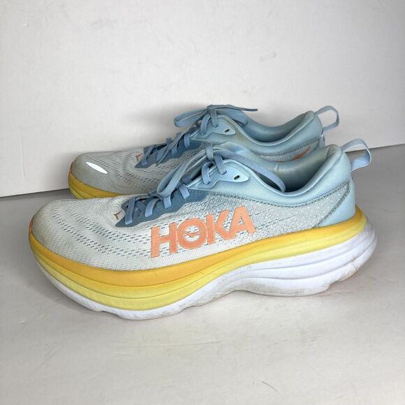 HOKA Bondi 8 Shoes Womens Size 10 B Blue Yellow Max Cushion Road Running 1127952 - Picture 2 of 16
